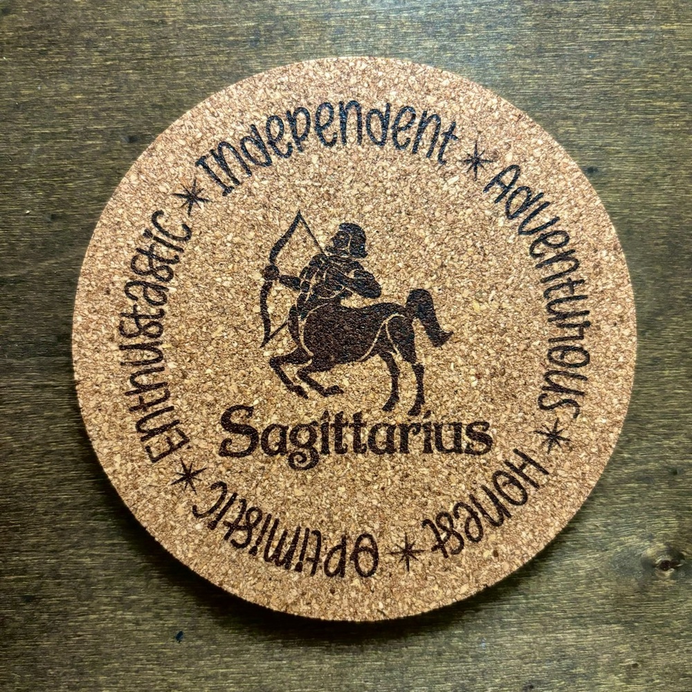 Sagittarius Zodiac Sign Encircled Laser Engraved Cork Coaster